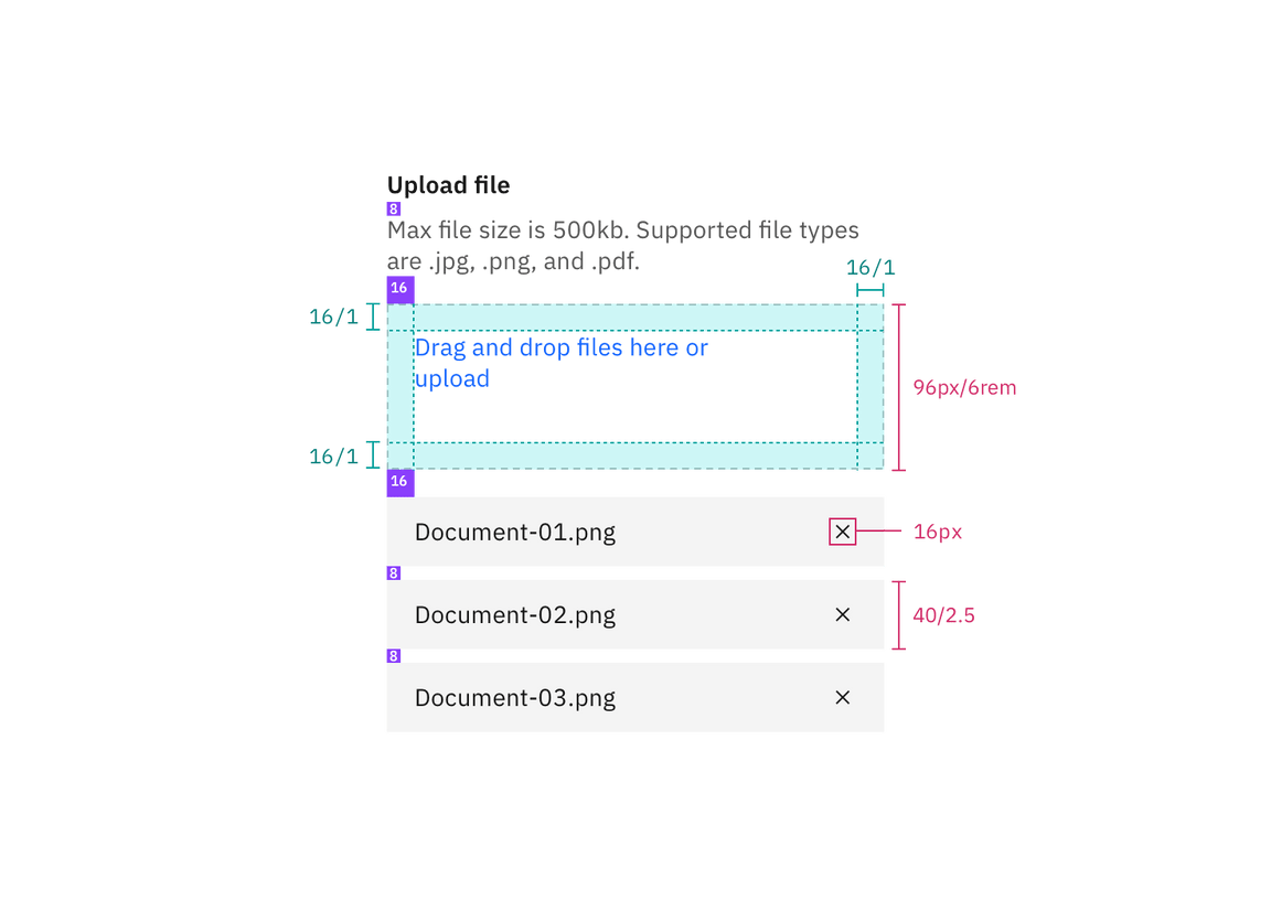 Structure and spacing measurements for drage and drop file uploader